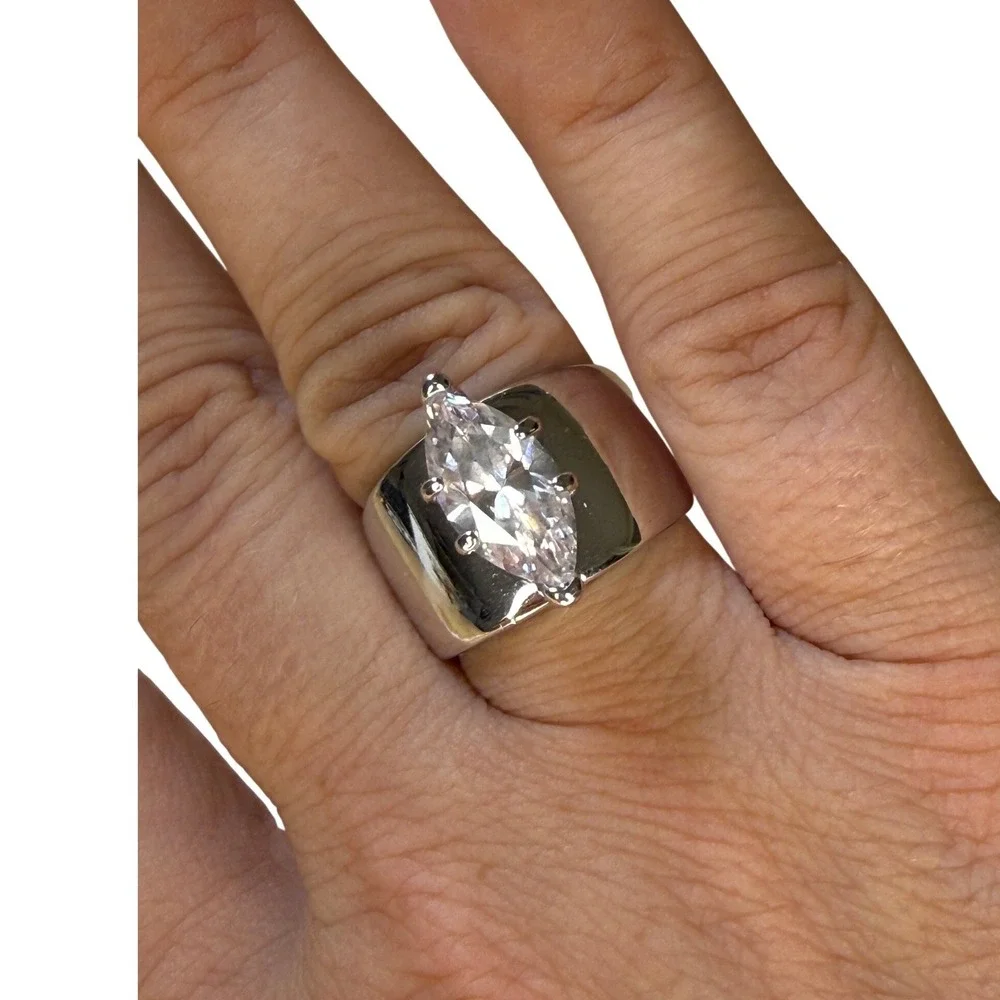 Modern Minimalist Marquise CZ Wide Band Statement Ring 18KT GE Size 7.5